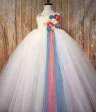 Ivory Tutu, Ivory Coral Peach and Turquoise Tutu Dress, Ivory Flower Girl Tutu Dress - Little Ladybug Tutus