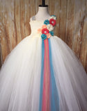 Ivory Tutu, Ivory Coral Peach and Turquoise Tutu Dress, Ivory Flower Girl Tutu Dress - Little Ladybug Tutus