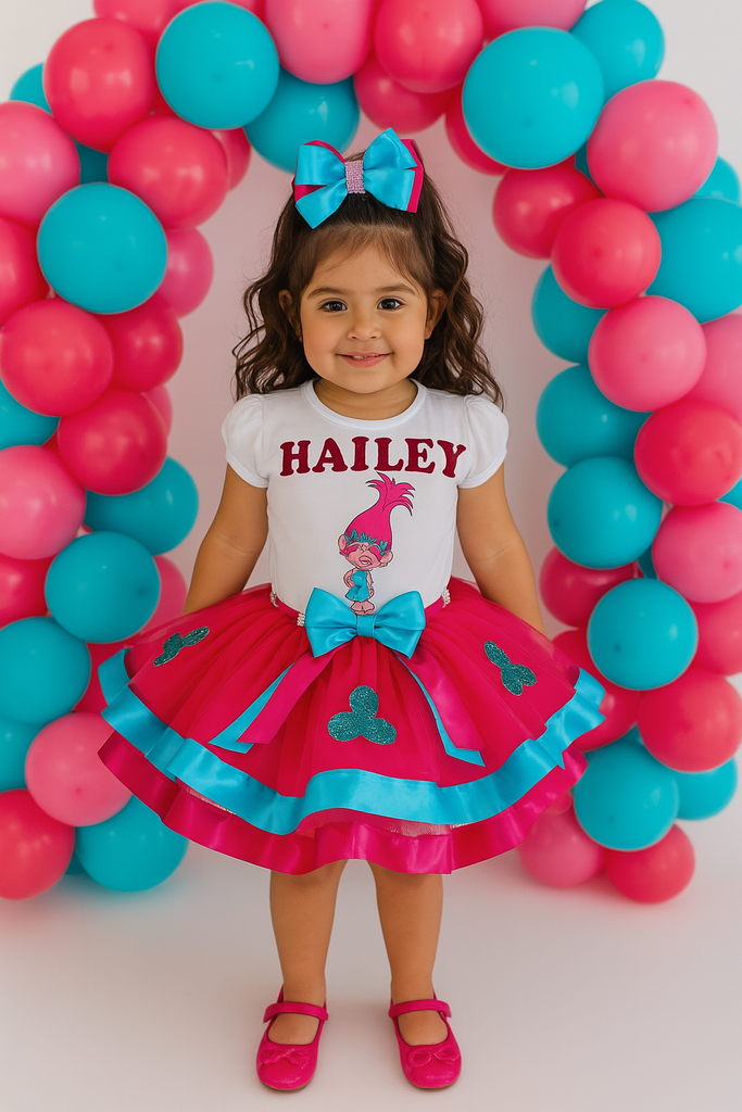 Trolls Poppy Birthday Tutu Outfit includes shirt, tutu skirt and hairbow