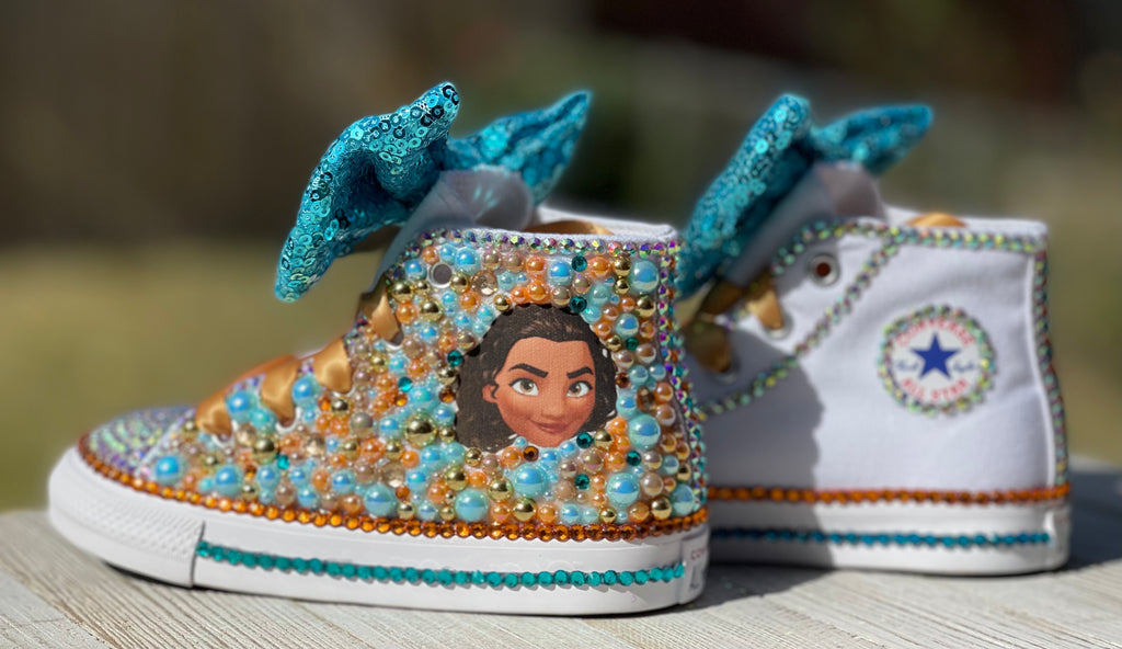 Moana Blinged Converse Sneakers, Infants and Toddler Shoe Size 2-9 (Hard Sole)