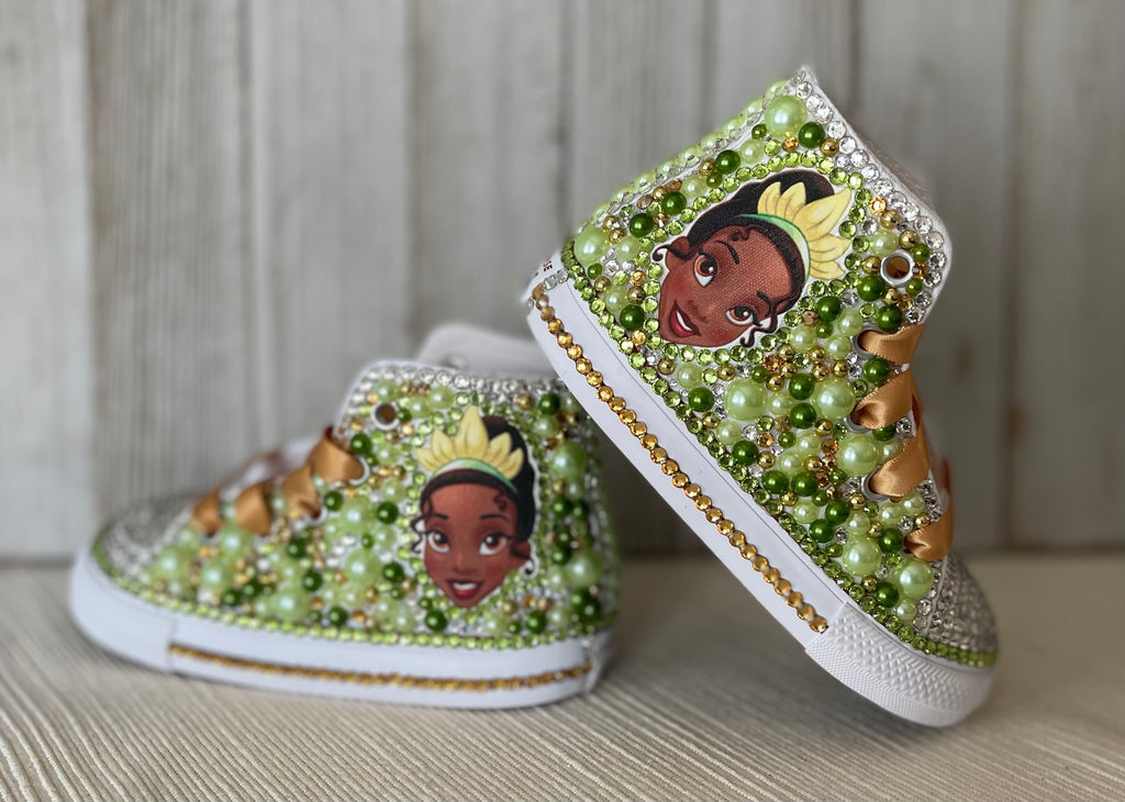 Princess Tiana Blinged Converse Sneakers, Infants and Toddler Shoe Size 2-9 (Hard Sole)