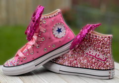 Pink Barbie Full Pearl & Bling Converse Sneakers, Infants and Toddler Shoe Size 2-9 (Hard Sole)