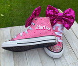 Pink Barbie Blinged Converse Sneakers, Infants and Toddler Shoe Size 2-9 (Hard Sole)