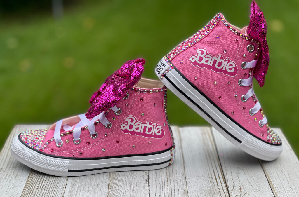 Pink Barbie Blinged Converse Sneakers, Infants and Toddler Shoe Size 2-9 (Hard Sole)