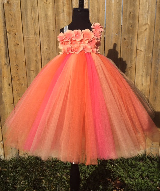 Coral Tutu Dress, Coral Flower Girl Dress, Coral Pageant Tutu, Coral and Orange Hydrangea Tutu Dress