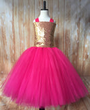 Gold & Pink Tutu, Gold and Hot Pink Tutu Dress, Girls Hot Pink & Gold Pageant Tutu - Little Ladybug Tutus