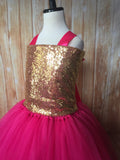 Gold & Pink Tutu, Gold and Hot Pink Tutu Dress, Girls Hot Pink & Gold Pageant Tutu - Little Ladybug Tutus