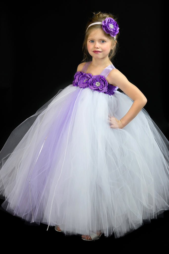 White and Purple Flower Girl Dress, White Tutu, White and Purple Girls Tutu Dress