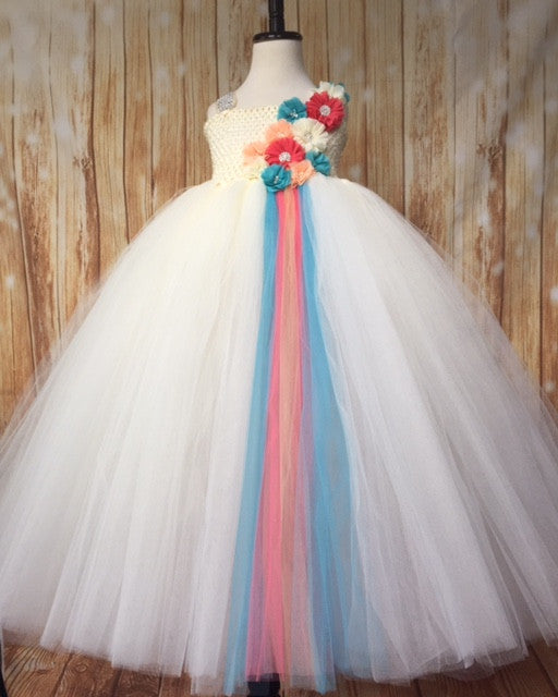 Ivory Tutu, Ivory Coral Peach and Turquoise Tutu Dress, Ivory Flower Girl Tutu Dress