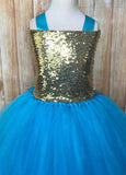 Turquoise & Gold Tutu, Girls Turquoise Gold Dress, Turquoise Flower Girl Dress - Little Ladybug Tutus