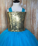 Turquoise & Gold Tutu, Girls Turquoise Gold Dress, Turquoise Flower Girl Dress - Little Ladybug Tutus