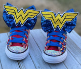 Wonder Woman Blinged Converse, Infants and Toddler Shoe Size 2-9 (Hard Sole)
