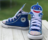 Baby Shark Blue Converse, Infants and Toddler Shoe Size 2-10 (Hard Sole), Blue Baby Shark