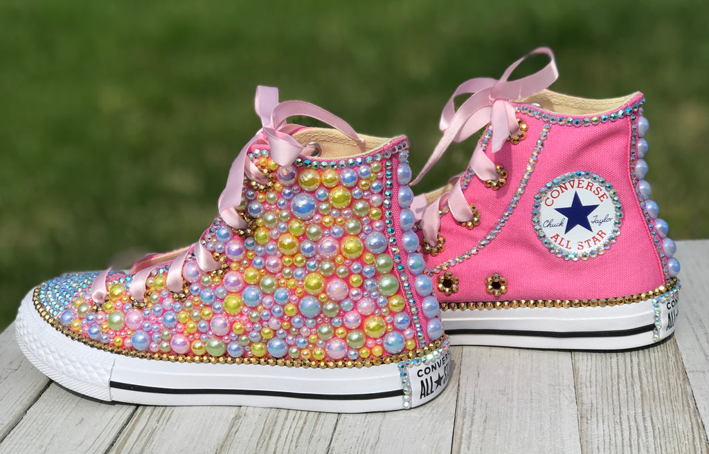 Pink Blue Yellow Blinged Converse Sneakers, Little Kids Shoe Size 11-3