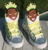 Princess Tiana Blinged Converse Sneakers, Infants and Toddler Shoe Size 2-9 (Hard Sole)