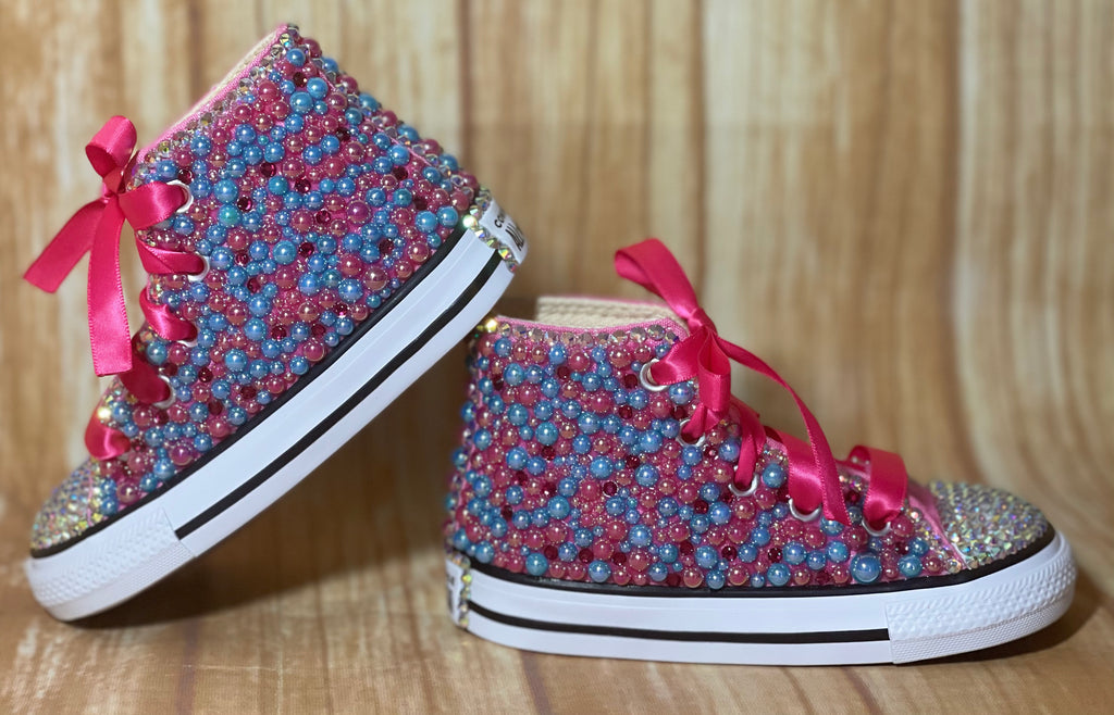 Pink & Turquoise Blinged Converse Shoes, Big Kids Shoe Size 3-6