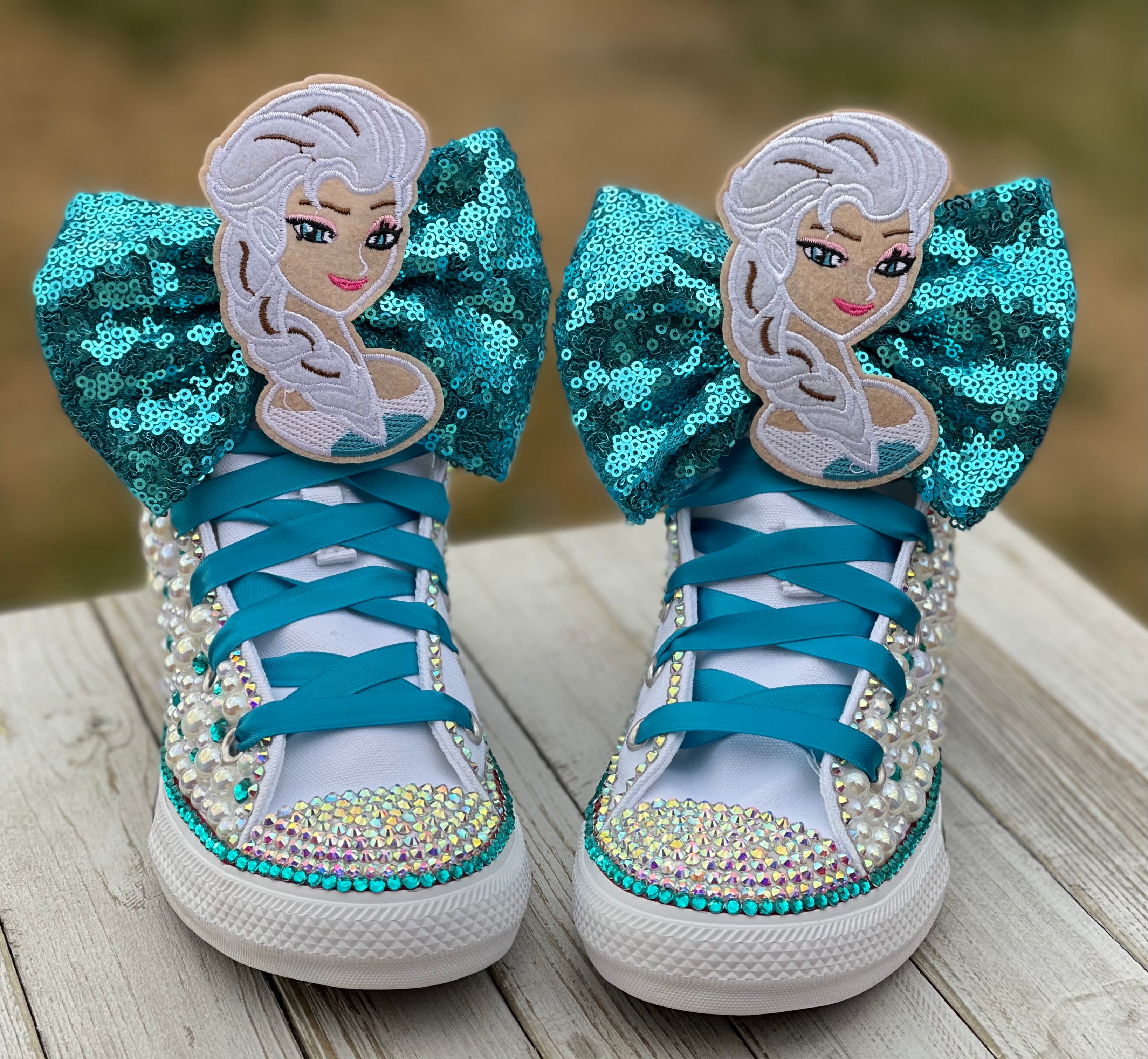 Frozen Elsa Blinged Converse, Infants and Toddler Shoe Size 2-9 (Hard Sole)