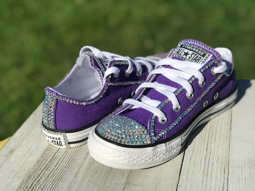 Purple Touch of Bling Low Top Converse Sneakers, Infants and Toddler Shoe Size 4-9 (Hard Sole)
