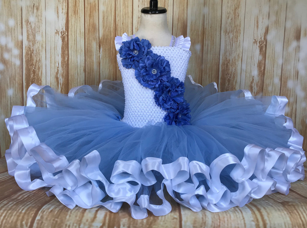 Blue and White Ribbon Trim Tutu, Blue Tutu Dress