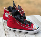 Minnie Mouse Blinged Converse Shoes, Infants and Toddler Sneaker Size 2-9 (Hard Sole)