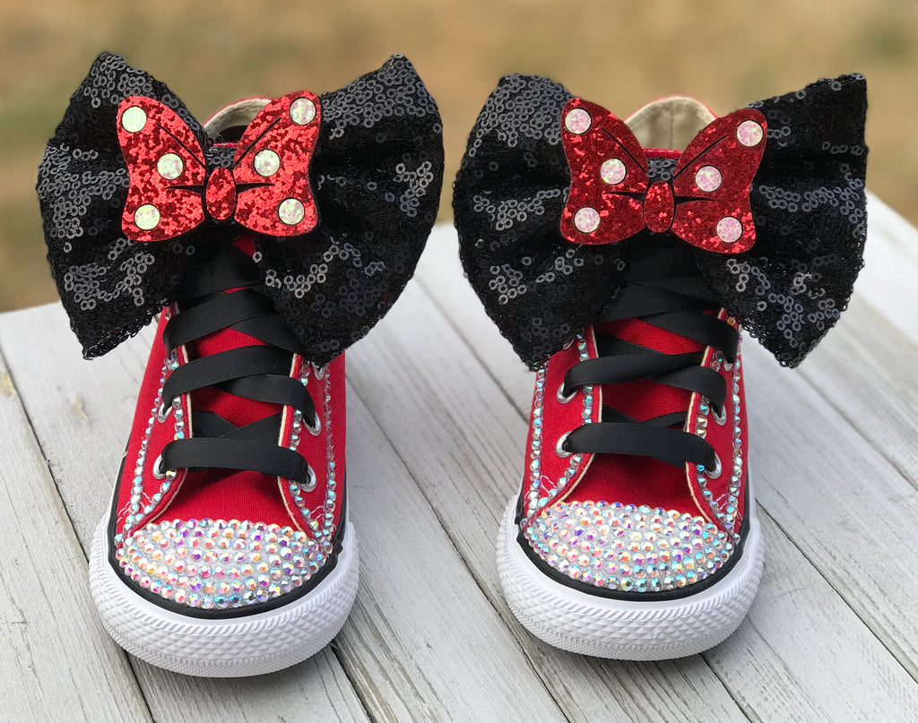 Minnie Mouse Blinged Converse Shoes, Infants and Toddler Sneaker Size 2-9 (Hard Sole)