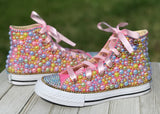Pink Blue Yellow Blinged Converse Sneakers, Little Kids Shoe Size 11-3
