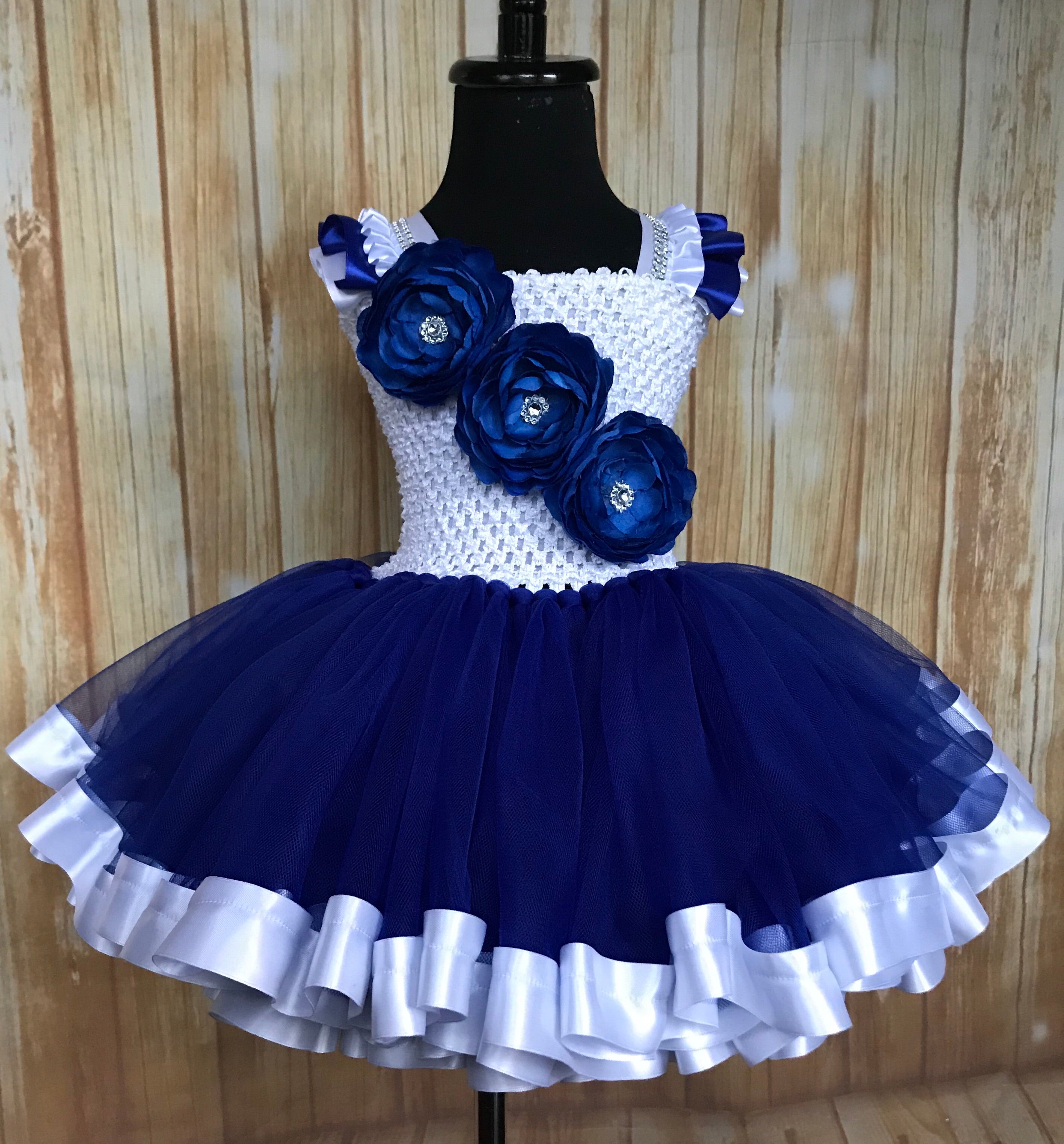 Royal Blue and White Ribbon Trim Tutu, Blue Tutu Dress - Little Ladybug Tutus