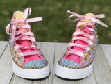 Pink Blue Yellow Blinged Converse Sneakers, Little Kids Shoe Size 11-3