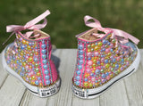 Pink Blue Yellow Blinged Converse Sneakers, Little Kids Shoe Size 11-3