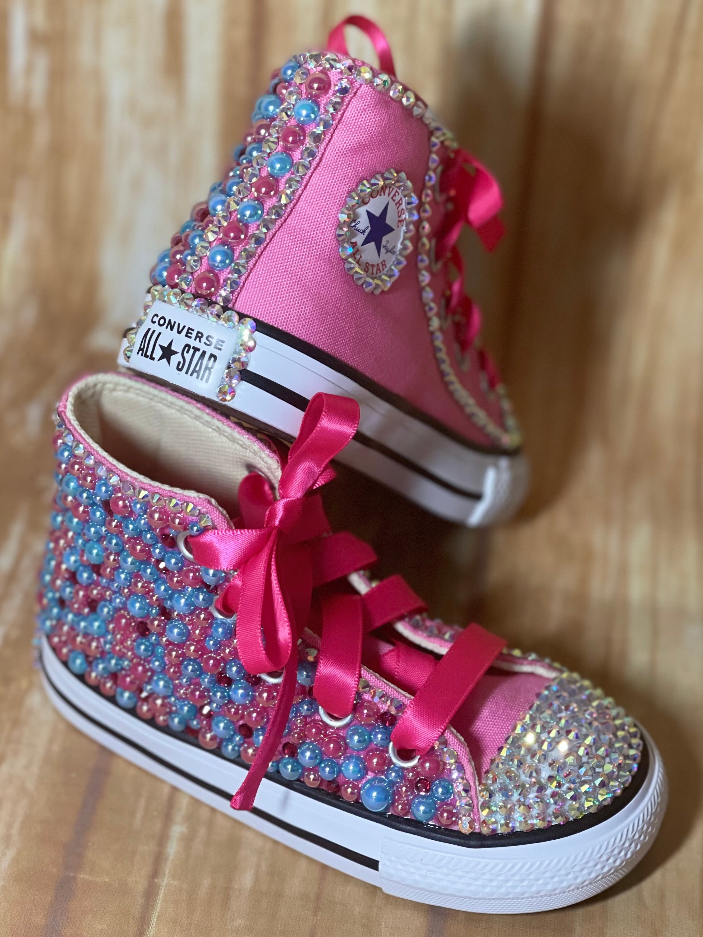 Pink & Turquoise Blinged Converse Shoes, Little Kids Shoe Size 11-3