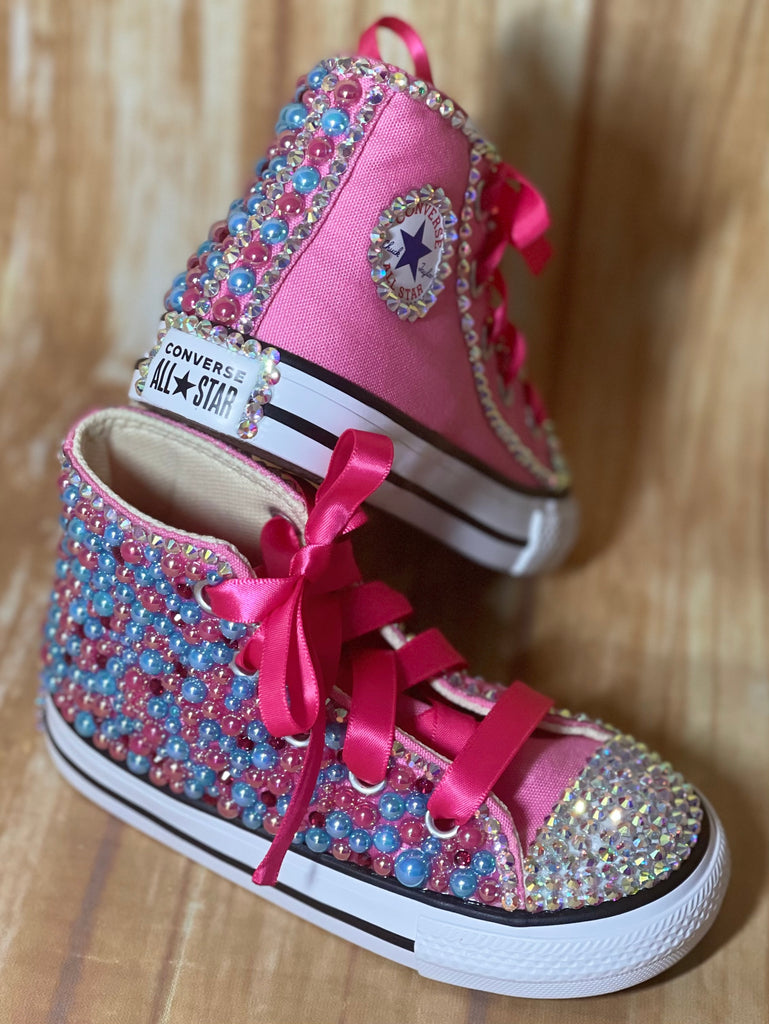 Pink & Turquoise Blinged Converse Shoes, Little Kids Shoe Size 11-3